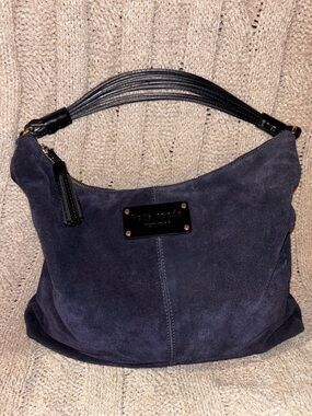 Kate Spade Navy Blue Suede Hobo Shoulder Bag Black Leather Handles Tassel